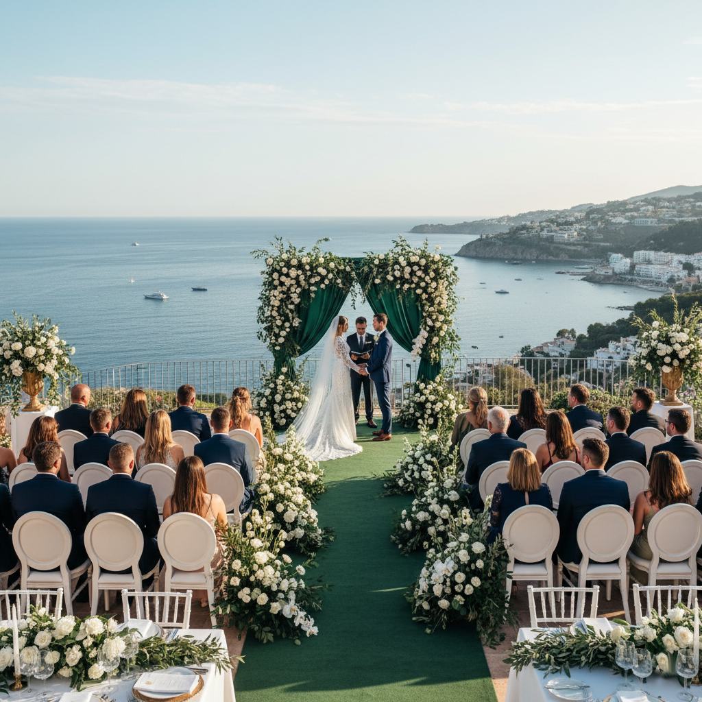 Dramatic floral arch of pampas grass, orchids and dried palms framing a finca doorway