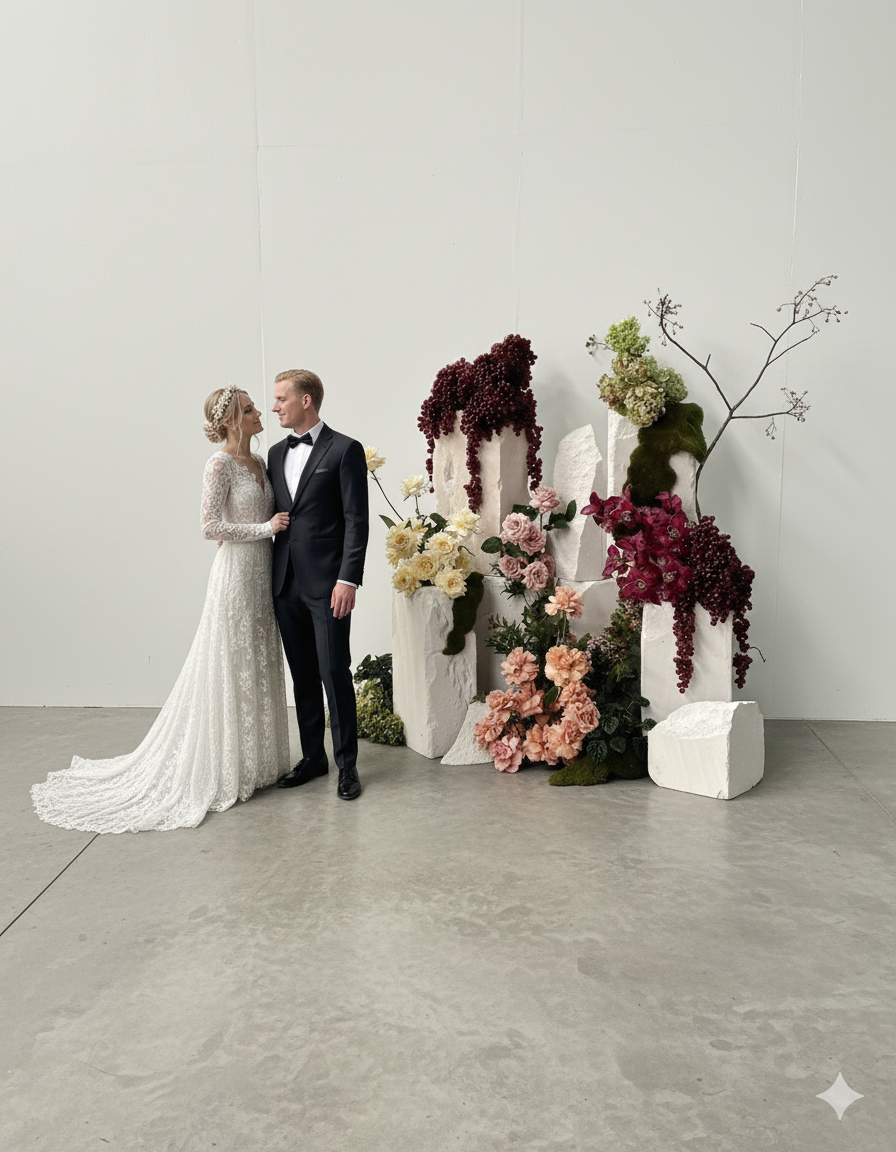 Dramatic floral arrangement with vibrant colors and intricate details