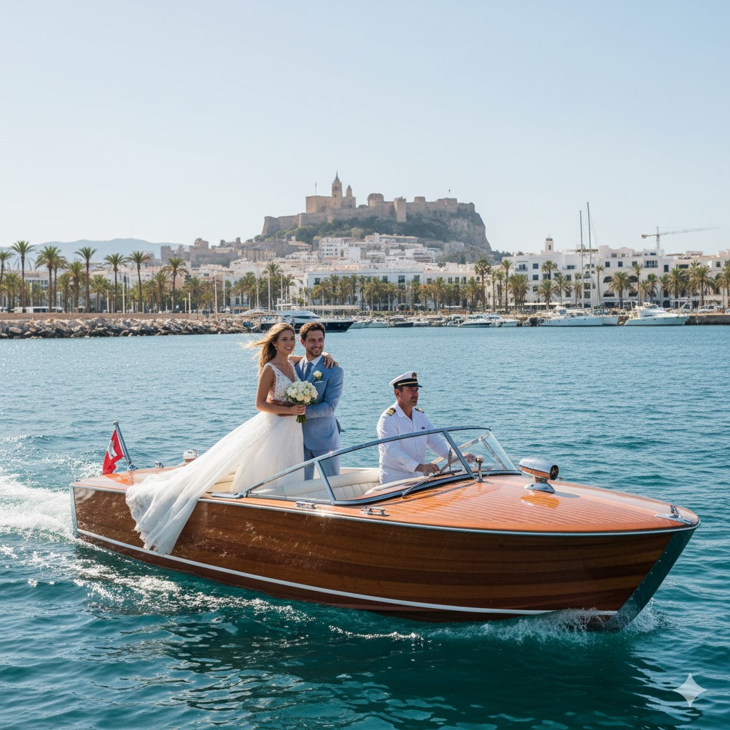 Couple at the edge of a cliff with the Mediterranean sea stretching to the horizon