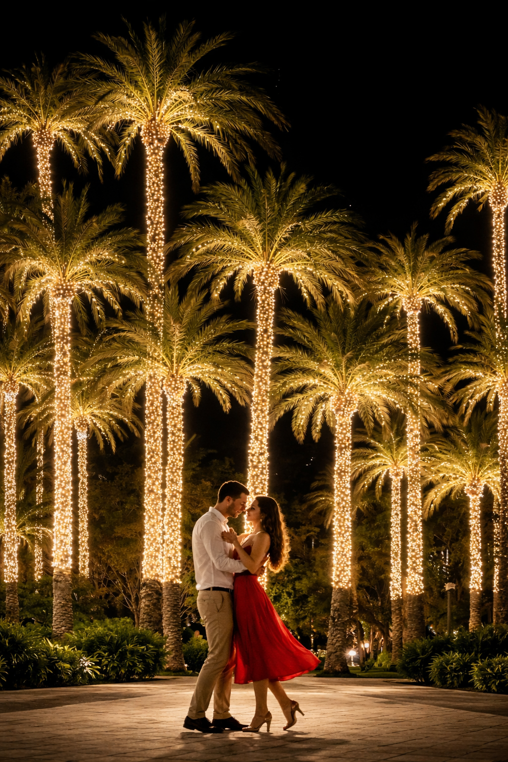 Villa rooftop reception at blue hour with string lights and infinite pool